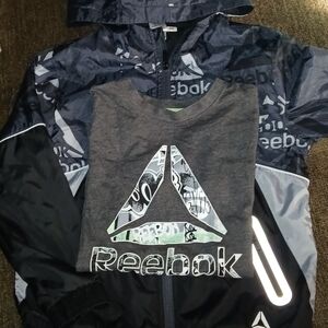 Reebok Boys' Navy, Gray & Black Logo Windbreaker with Hood And Tshirt.